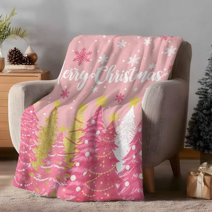 Pink Christmas Tree Throw Blanket, Merry Christmas Super Soft Warm Flannel Blankets for Bed Couch Sofa Gold White Pine Tree Snowy Lightweight Fluffy Plush Bed Throws 40x50 Inch - color: White Pink, size: 40''x50''
