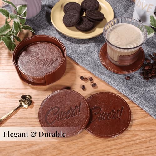 Coasters for Drinks Set of 6 with Holder, 6-Piece Leather Coasters with Embossed Cheers Marks - Durable Drink Coasters Set for Home, Bar, or Office - Brown - color: Brown