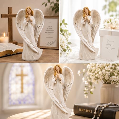 Hodao Praying Angel Figurine Resin Guardian Angel Statue for Home Decor, Elegant White Blessing Sculpture for Shelf Table Mantel, Keepsake Gift for Mom, Women and Family - style: praying