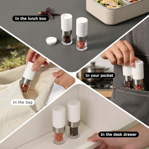 Mini Salt and Pepper Grinder Set Small Tiny Adjustable Coarseness Ceramic Salt Grinder with Funnel and Bag Portable Handy Spice Pepper Mill Shaker For Outdoor Party Lunch Bag Kitchen White - color: White 2-Pack