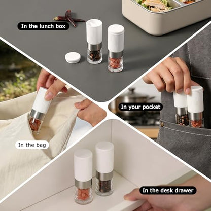 Mini Salt and Pepper Grinder Set Small Tiny Adjustable Coarseness Ceramic Salt Grinder with Funnel and Bag Portable Handy Spice Pepper Mill Shaker For Outdoor Party Lunch Bag Kitchen White - color: White 2-Pack