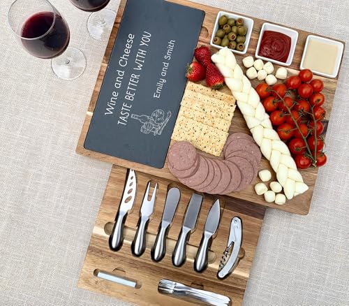 Personalized Engraved Acacia Charcuterie Board & Slate Cheese Platter – Large 17" x 13" Board with Knives – Custom Thanksgiving Gift (Design #42) - color: Design #42