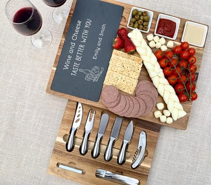 Personalized Engraved Acacia Charcuterie Board & Slate Cheese Platter – Large 17" x 13" Board with Knives – Custom Thanksgiving Gift (Design #42) - color: Design #42