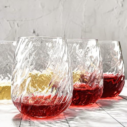 UMEIED Stemless Wine Glasses Set of 12, 17 oz Red White Wine Glasses | Clear Glassware Set for Red/White Wine Dishwasher Safe, Ideal for Daily Use Home Bar Birthdays Housewarming (Wave Texture) - color: Wave Texture