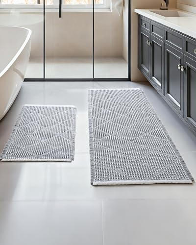 Furicher Waffle Bath Mat Set, Non Slip Bathroom Rugs Sets 2 Piece, Ultra Absorbent Long Bath Rug Runner for Bathroom Decor, Machine Washable Boho Mats, Grey & White, 20"×47" Plus 18"×30" - color: Grey & White