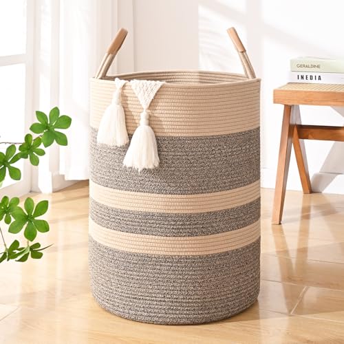 60L Striped Laundry Basket, Dark Brown Laundry Hamper with Leather Handles, Woven Cotton Rope Storage Bin for Blankets, Nursery Hamper for Clothes, Toys In Bathroom, Livingroom, Bedroom - color: Brown & Black, size: 60L