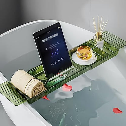 Expandable Bathtub Tray, Adjustable Bathtub Caddy Tray Bathtub Caddy for Luxury Bath, Multifunctional Bathtub Storage Rack for Book Wine Glasses Phone Bath Products, with Anti-Slip mat. - color: Green
