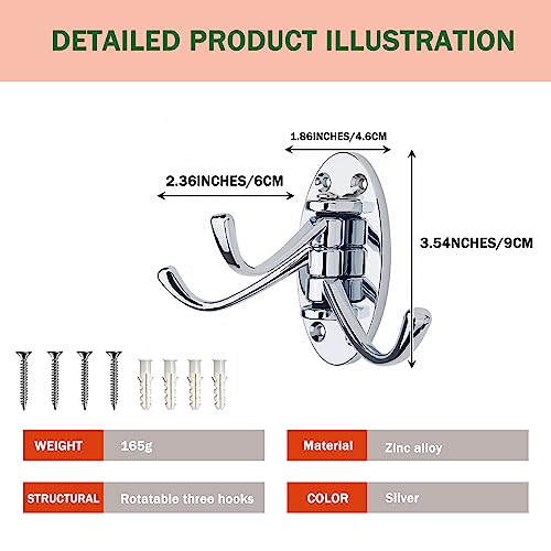 2PCS Swivel Wall Hooks - 3 Swing Arm Coat Hook Hanger for Bathroom, Kitchen, Garage - Wall Mounted Brushed Nickel - style: Silver Oval