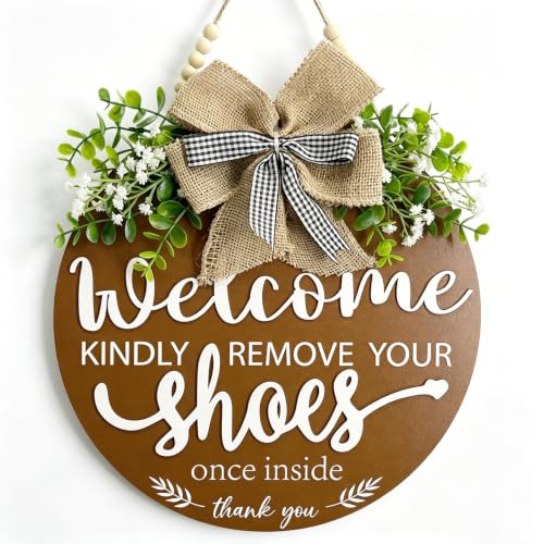 Please Remove Shoes Sign, Farmhouse Wooden Door Hanger, 11.8×11.8in | Entryway No Shoes Sign, Porch Welcome Hanger, House Reminder for Home, New House or B&B Host