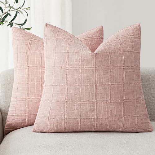 Foindtower Set of 2 Decorative Linen Check Throw Pillow Covers Neutral Farmhouse Vintage Cushion Covers Modern Boho Accent Home Decor for Sofa Chair Couch Bedroom Living Room,16×16 Inch,Light Pink - color: Light Pink, size: 16" x 16" (Pack of 2)