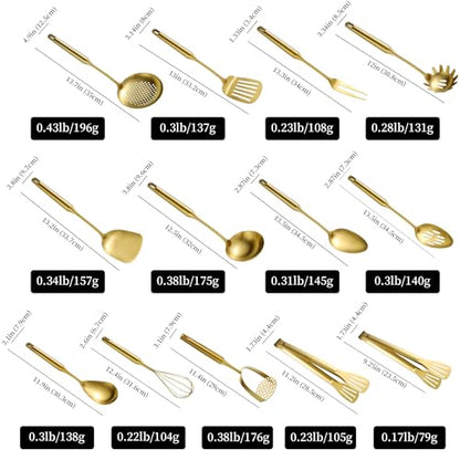 Gold Kitchen Cooking Utensils Set 13 PCS Stainless Steel 12-13.7" | Food-grade 304, Dishwasher Safe,Rust-proof, Made To Last,Easy To Store,Good Choice for Presents - color: Gold-13