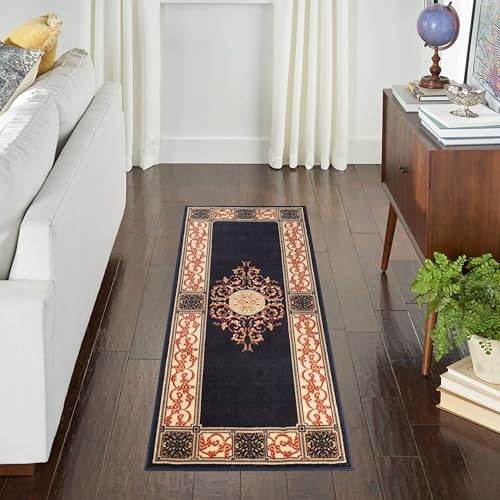 SUPERIOR Indoor Area Rug, Floral Medallion Design, 2'7"x8', Midnight Blue Z | Attractive Rug with Jute Backing, Durable Beautiful Woven Design, Perfect for High Traffic Areas Hallway, Living, Dining Room - color: Midnight Blue - Z, size: 2'7" x 8' (Runner