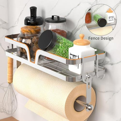 Taozun Paper Towel Holder with Shelf, Kitchen Paper Holder Wall Mount Spice Rack Paper Towel Roll Holder with 4 Hooks (2 Installation Methods - Self-Adhesive and Drilling), Silver - style: SP007 Silver