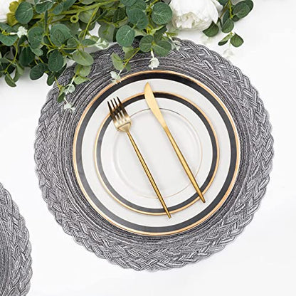 SHACOS Round Placemats Set of 6 Woven Round Table Mats 15 inch Braided Border Washable Cotton Polyester Circle Place Mats, Gray (Pack of 2) - color: Gray, size: 6 pieces (Pack of 2)