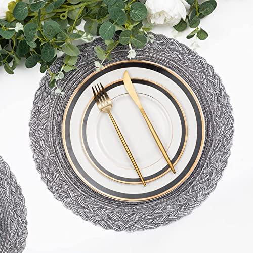 SHACOS Round Placemats Set of 6 Woven Round Table Mats 15 inch Braided Border Washable Cotton Polyester Circle Place Mats, Gray - color: Gray, size: 6 pieces
