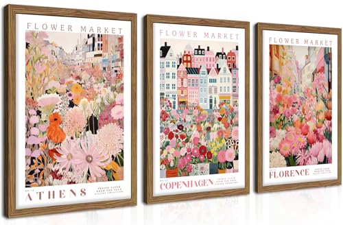 Floral Wall Art Set of 3, Colorful Flower Market Canvas Wall Decor Paintings, Pink Wildflower Botanical Posters Prints Pictures Artwork for Bedroom Living Room 16x24 Inch Wood Framed - color: Colorful Flower, size: 24L" x 16W"