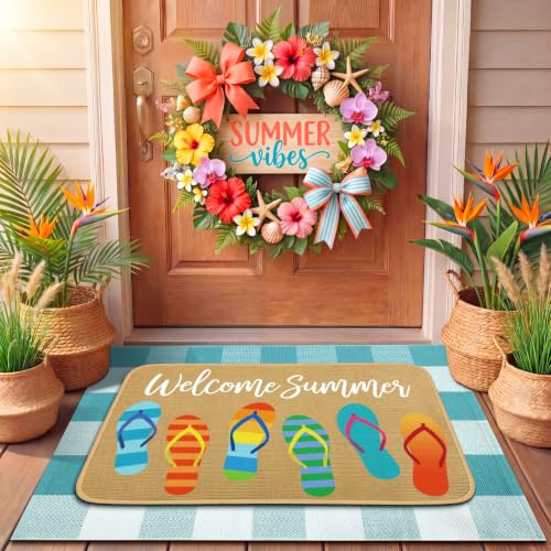 Tinideya 2 Pcs Summer Door Mat Outdoor Flip Flop Welcome Doormat Linen Rubber Layered Beach Rug Non Slip Coastal Blue and White Plaid Rug Farmhouse Summer Decor for Front Porch Entryway Outside - size: 16 x 28 Inch,24 x 35 Inch, style: Welcome Flip Flops