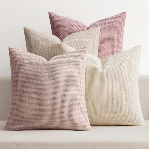 MIULEE Soft Decorative Chenille Pillow Covers Light Pink 16x16 Pack of 4 | Shabby Chic Decor, Romantic Blush Neutral Set, Couch Throw Pillows, Farmhouse Boho Cushion Covers for Sofa Bed Living Room - color: Neutral Pink, size: 16" x 16" (Pack of 4)