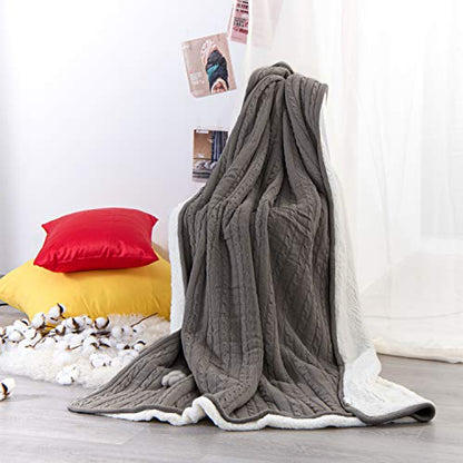 NTBAY Twin Cotton Cable Knit Sherpa Blanket, 60 x 80, Grey | Cotton Cable Knit Front with Warm Sherpa Reverse, 60 x 80 Inch Twin Blanket for Bed, Sofa, and Cold-Weather Layering - color: Grey
