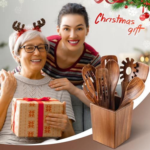 Wooden Spoons for Cooking, 11 Pcs Wood Cooking Utensils Set with Holder, Natural Acacia Wooden Kitchen Tools, Nonstick Cookware, Easy Clean, Kitchen Utensil Set for Mom, Wife Cooking Gifts - style: 11Pcs Set