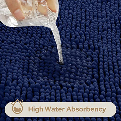 HOMEIDEAS 3 Pieces Bathroom Rugs, Ultra Soft Non Slip Absorbent Chenille Toilet Bath Mat Set (Navy Blue) - color: Blue-navy Blue, size: 17"x24"+20"x32"+U Shape 20"x24"