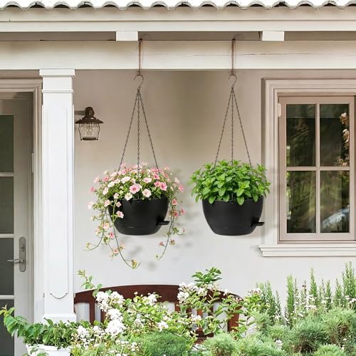 DANALLAN Hanging Planters for Indoor Plants, 2Pcs 12 Inch Self Watering Hanging Planter Basket Large Plastic Plant Holder with Removable 50 Oz Reservoir for Window Porch Garden Balcony