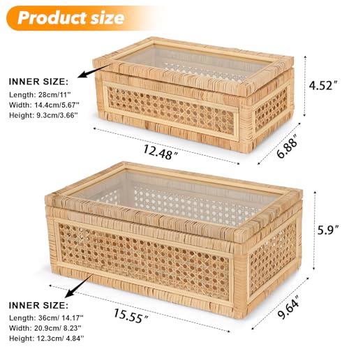 Large Handwoven Boho Rattan Display Boxes with Glass Lids Set of 2 | Rectangular Decorative Storage Bins Natural Woven Cane Home Decor Organizers (15.55" x 9.64" x 5.9" & 12.48" x 6.88" x 4.52")