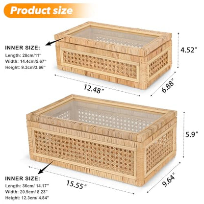 Large Handwoven Boho Rattan Display Boxes with Glass Lids Set of 2 | Rectangular Decorative Storage Bins Natural Woven Cane Home Decor Organizers (15.55" x 9.64" x 5.9" & 12.48" x 6.88" x 4.52")