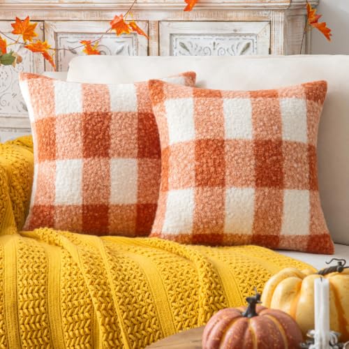 AQOTHES Plaid Fall Throw Pillow Covers Orange Write 18x18 Inch Set of 2 | Boucle Decorative Pillow Covers, Autumn Cozy Fluffy Home Farmhouse Decor, for Living Room Sofa Couch Bed, Holiday Decorations - color: Orange White, size: 18" x 18" (Pack of 2)