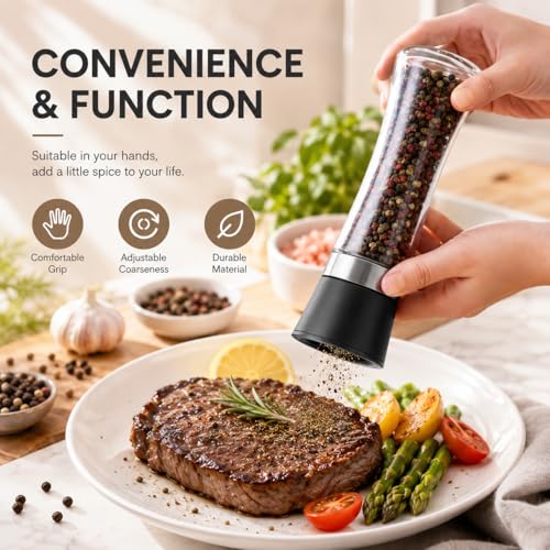 Premium Salt and Pepper Grinder Set of 2, 6 oz Refillable Glass Salt and Pepper Shakers with Adjustable Ceramic Grinder, Manual Pepper Mill Set Includes Funnel & Cleaning Brush, ransparent Lid - color: Black, size: 2.5"W x 7.5"H