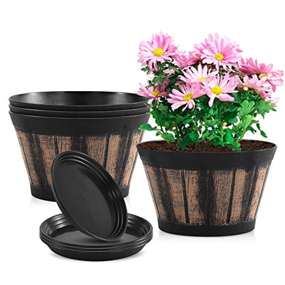 Quarut 8 inch Brown Plastic Whiskey Barrel Plant Pots Set of 4 with Drainage Holes and Saucer for Indoor and Outdoor Garden Home Plants - size: 8 inches