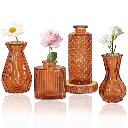 Set of 4 Glass Bud Vase Set, Small Vintage Clear Flower Vase Centerpieces for Table Bulk Cute Rustic Style Mini Vase for Home Decor Wedding Baby Shower Birthday Party(Amber) - color: Amber