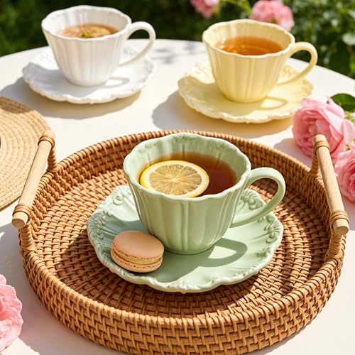 8oz Tea Cups and Saucers, Ceramic Latte Cup,Relief Cappuccino Cup and Saucer Set, Elegant Porcelain Tea Cups, Espresso Cup Set Dishwasher & Microwave Safe,Yellow - color: Yellow