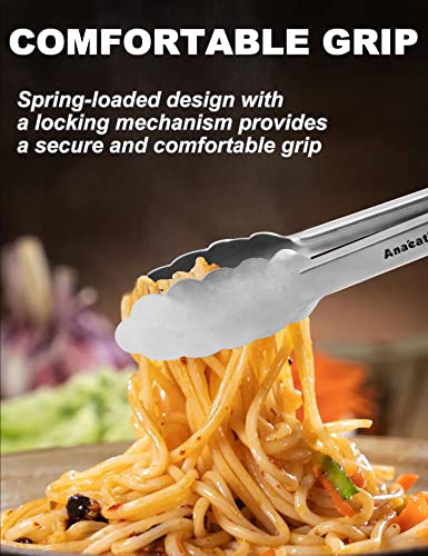 Anaeat Premium Kitchen Locking Tong Set of 3 - Heavy Duty Stainless Steel Food Tongs with Long Handle & Non-Slip Silicone Grip for Cooking, Baking, Grilling - Heat Resistant up to 480°F - color: 3 Pcs Stainless Steel - Black, size: 7+9+12 Inch