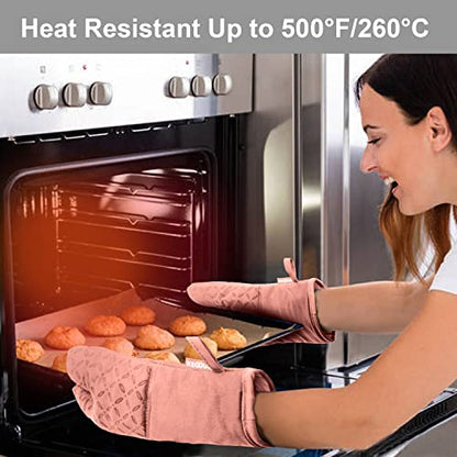 KEGOUU Oven Mitts and Pot Holders 6pcs Set, Kitchen Oven Glove High Heat Resistant 500 Degree Extra Long Oven Mitts and Potholder with Non-Slip Silicone Surface for Cooking (Pink) - color: Pink