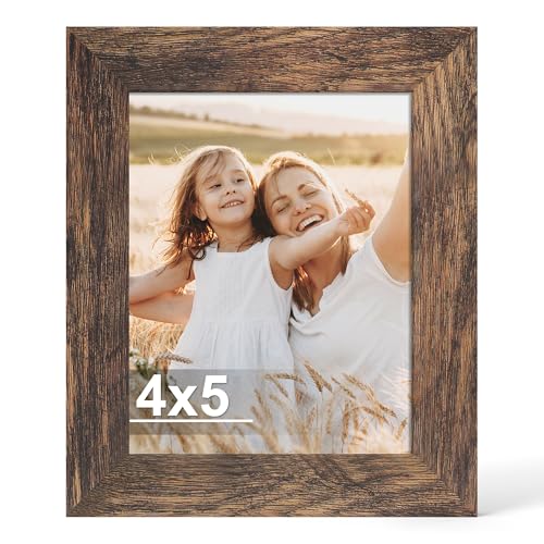 Hongkee 4x5 Picture Frame with Real Glass Wood Frame(Rustic Brown, 1 Pack) | Fits 4 x 5 Photos for Wall or Tabletop Display - Includes Easel Back, Vertical Hang - Ideal for Home, Office - color: Rustic Brown, size: 4X5 in