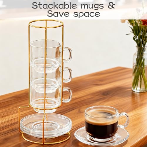 5.4 oz Espresso Cups Set of 4,Stackable Glass Coffee Cups with Cup Holder | with Saucers Spoons,Clear Tea Cup Espresso Cups Set for Home Office Break Room Tea Party