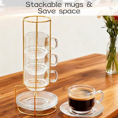 5.4 oz Espresso Cups Set of 4,Stackable Glass Coffee Cups with Cup Holder | with Saucers Spoons,Clear Tea Cup Espresso Cups Set for Home Office Break Room Tea Party