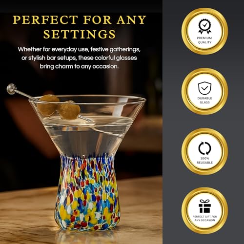 Large Stemless Martini Glasses – Set of 2-8oz Luxury Hand Blown Confetti Margarita, Martinis, Cocktails, Water, Wine, Dessert & Champagne Glasses Cinco de Mayo, Hand Blown - Mexican Confetti Glass - style: Mexican Confetti Martini Glass