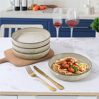 LIANYU Stoneware Pasta Bowls, 8.25’’ Large Bowl Sets of 4 | Round Shallow Dinner Plates for Meal, Ceramic Salad Serving Plate for Cereal, Soup, Dishwasher & Microwave Safe, Sandy Beige - color: Sandy Beige
