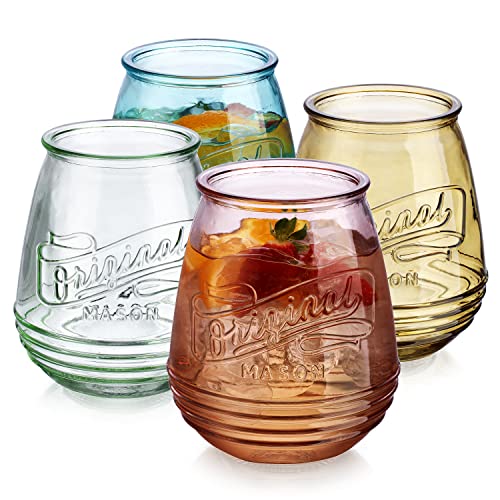 Wine Glasses Set Of 4 Assorted Colored Stemless Glasses 21 OZ. Original Mason Large Wine Cup, Red and White Wine Drinking Water Glasses. Juice, Cocktails, Smoothies, Vintage Bar - color: Assorted Colored, size: 21 Ounces