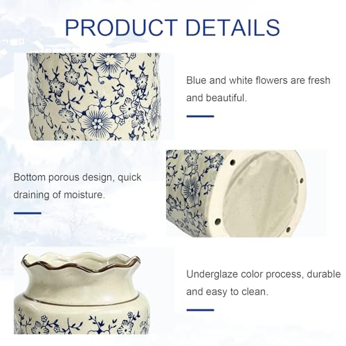 Kitchen Utensil Holder, Chinoiserie Floral Blue-and-White Porcelain Ceramic Utensil Crock – Blue Flower Storage Organizer Container for Home Kitchen Countertop