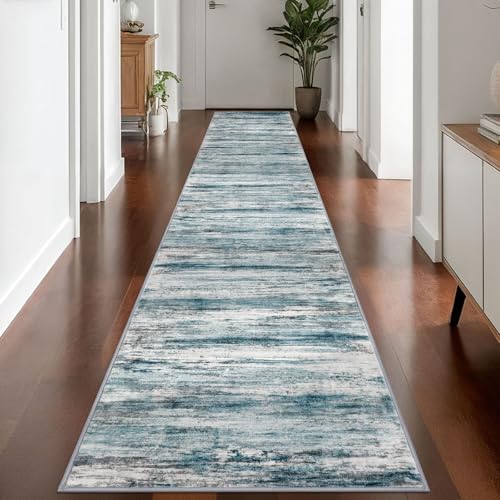 KOZYFLY Modern Abstract Hallway Runner Rug,2.6x14 Washable Rug Runner Non-Slip Soft Striped Kitchen Runner Rugs, Print Blue Carpet Runner for Entryway Bathroom Laundry Room Foyer - color: Blue, size: 2'8" x 14' (Runner)