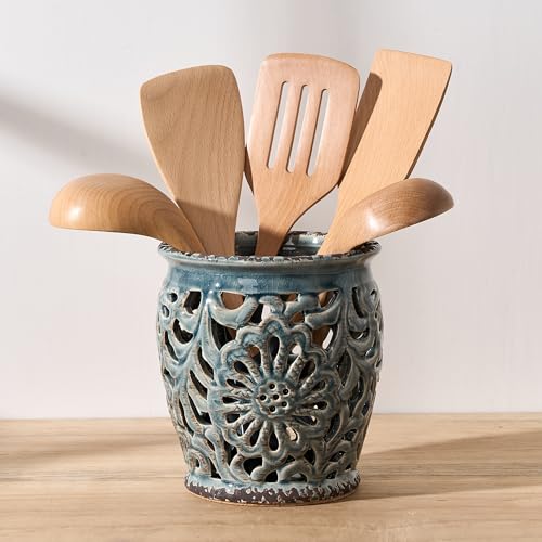 Farmhouse Kitchen Utensil Holder for Kitchen Counter, Ceramic Large Cooking Utensil Crock with Cork Mat, Decorative Rustic Utensil Organizer for Countertop, Spatula, Grayish Blue - color: 16148-Grayish Blue