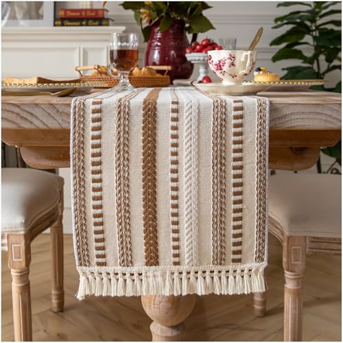 Caflife Boho Table Runner 60 Inchs Long, Brown and Beige Cotton Linen Blend Woven Modern Rustic Farmhouse Decorative Dresser and Coffee Table Runner for Kitchen, Dining Room Home Decor - color: Brown, size: 13x60Inch