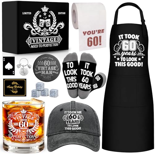 60th Birthday Gifts for Men Whiskey Glass Set, 60th Birthday Party Supplies with 11 Oz Whiskey Glass Coaster Stone Baseball Cap Apron Sock Funny Toilet Paper Keychain for Him, Dad, Husband, Friends - style: 60th Birthday