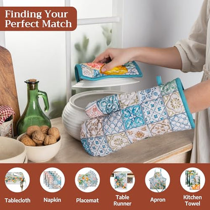 Maison d' Hermine 100% Cotton Oven Mitt & Pot Holder Set (7.5"x13" & 8"x8") | Heat Resistant BBQ Cooking Gloves with Loop Baking Grilling Kitchen Hotel Home Farmhouse Spring Summer - Agrume - color: 010 - Agrume, size: 7.5" x 13" & 8" x 8" (Oven Mitt & Po