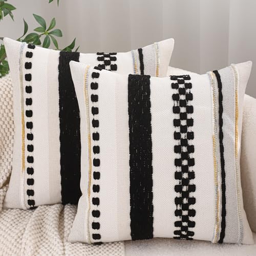 Boho Throw Pillow Covers 18x18 inch Set of 2 Black Cream | Stripe Pillow Covers,Farmhouse Cushion Case,Chenille Pillow Cases,Neutral Pillowcase for Sofa Couch Bed - color: Black Stripe, size: 18" x 18" (Pack of 2)