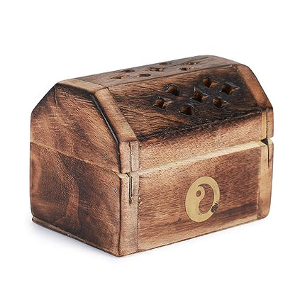 Bless-International Traditional-Handmade-Burner Wooden-Incense-Stick-Holder Ash-Catcher-Stand for-Aromatherapy-Meditation-Yoga (Treasure Box Wooden Charcoal/Cone) - color: Treasure Box