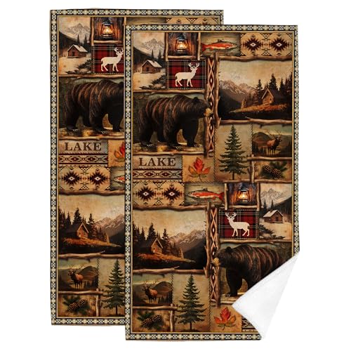 Vintage Rustic Lodge Bear Bath Towels Decorative Set of 2 Mountain Country Cabin Hand Towels for Bathroom Gym Spa Sport Hotel Kitchen Home Farmhouse Decor 14x28 Inch - color: Vintage Rustic